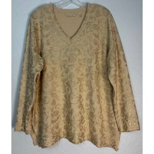 Soft Surroundings Gold Metallic Wool Damask V-Neck Sweater Plus Size 1X 2174